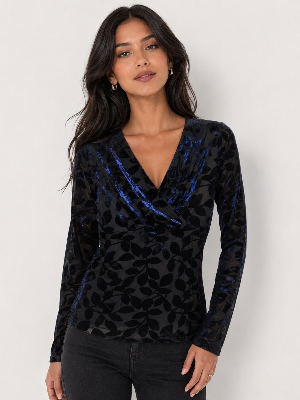 Women's Black & Navy Velvet Wrap Top